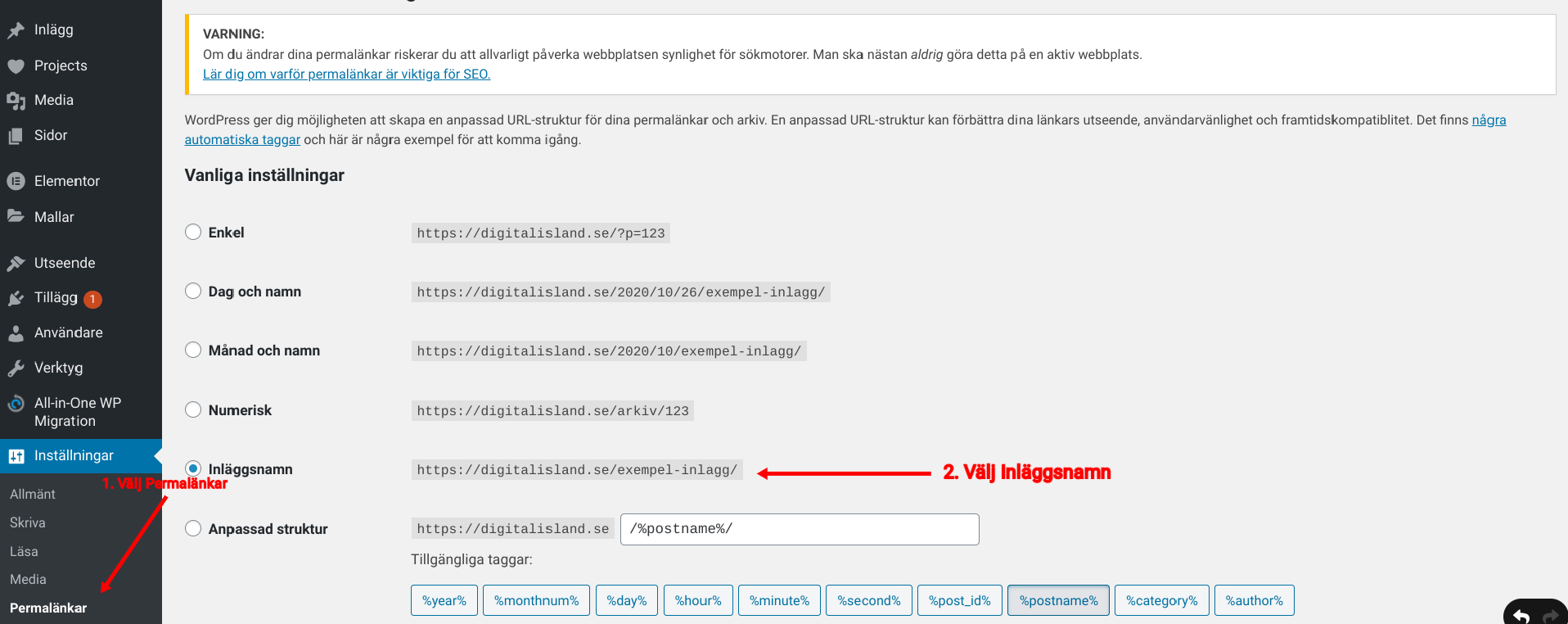 Wordpress inställningar och permalänkar