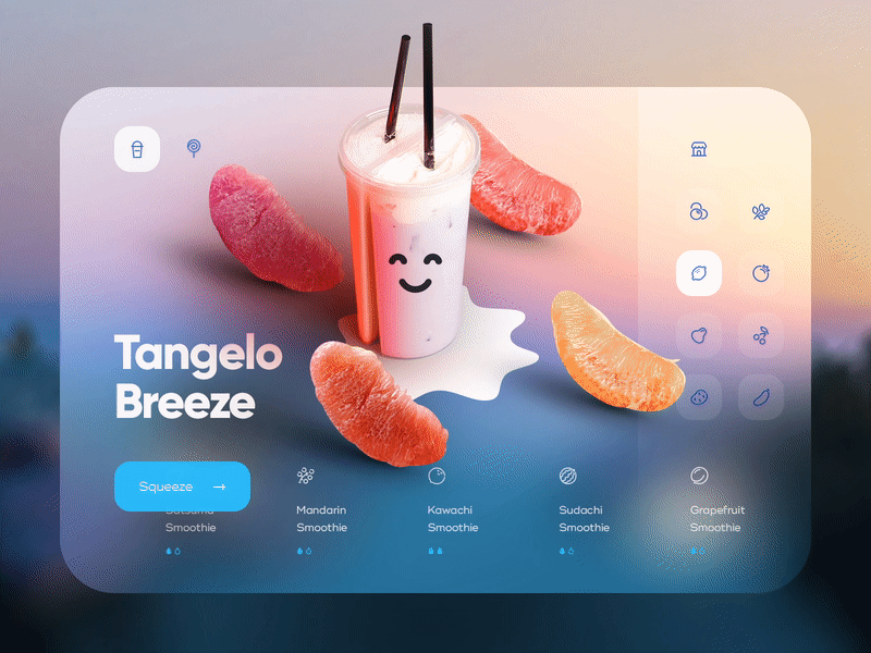 Animerat gränssnitt med frostat glas som bakgrund. Länk till inlägg hos Medium.com