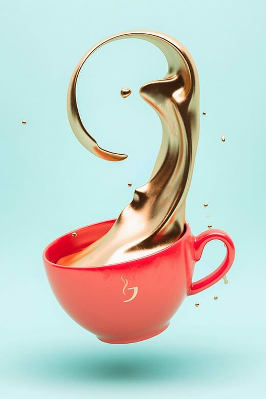 Kaffekopp med flytande guld flygandes ut. Länk till Hypebeast-artikel med fler liknande bilder.