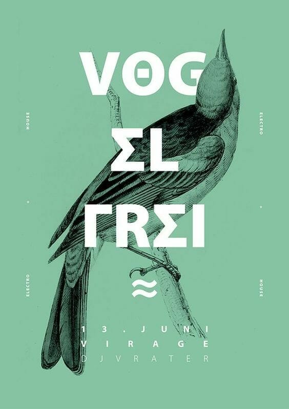 Monokrom illustration med fågel och texten "Vog el Frei". Länk till Pinterest-inlägg med samma bild.