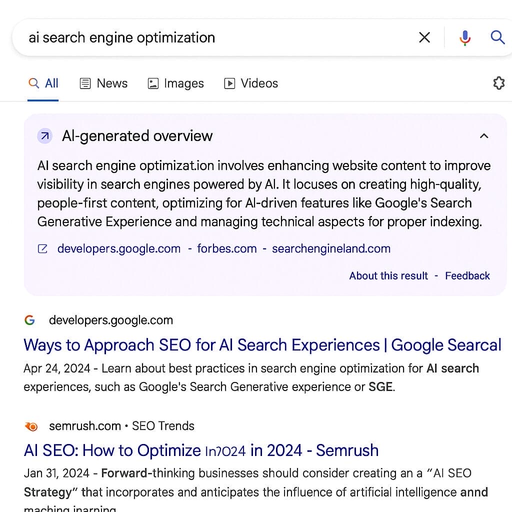 Så lyckas du med SEO i Googles nya AI-sök 1 Exempel på hur Googles AI Overviews ser ut i sökresultatet, en viktig faktor för framtidens SEO